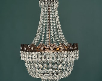 Antique / Vintage Medium French Empire Brass & Crystal Bowl Chandelier with Beaded Crystal Garlands (3-Light)