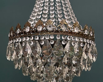 Antique / Vintage Large French Empire Brass & Crystal 5-Tier Chandelier (6-Light)