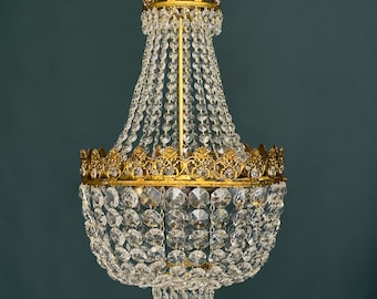 Antique / Vintage Medium French Empire Brass & Crystal Bowl Chandelier with Beaded Crystal Garlands (3-Light)