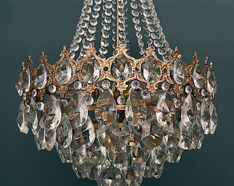 Antique / Vintage Large French Empire Brass & Crystal 5 Tiered Chandelier (6-Light)