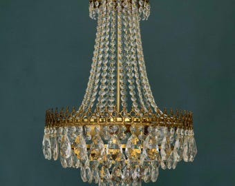 Antique / Vintage Large French Empire Brass & Crystal 4 Tiered Chandelier (6-Light)