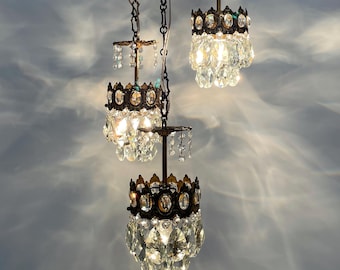 Antique / Vintage Brass & Crystals Triple Chandelier Ceiling Lamp 1960’s USA Duty Free !!!