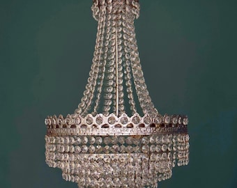 Antique / Vintage Medium French Empire Brass & Crystals 4 Tiered Chandelier (3-Light)