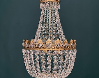 Antique / Vintage Large French Empire Brass & Crystal Bowl Chandelier with Beaded Crystal Garlands (6-Light)