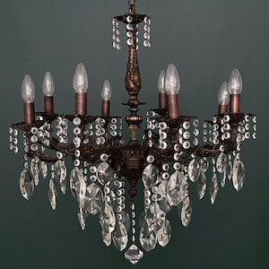 Antique / Vintage Brass & Crystals 8 Arms Magnificent Chandelier Lighting, Light Fixtures, Ceiling Lamp from 1950’s