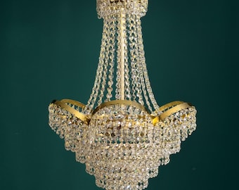 Antique Vintage Grand Size Brass & Crystal Chandelier – Floral Flower-Shaped Design
