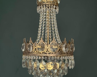 Antique / Vintage French Empire Medium Brass & Crystal 4 Tiered Chandelier (3-Light)