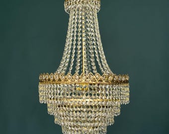Antique / Vintage Medium French Empire Brass & Crystals 5 Tiered Chandelier (3-Light)