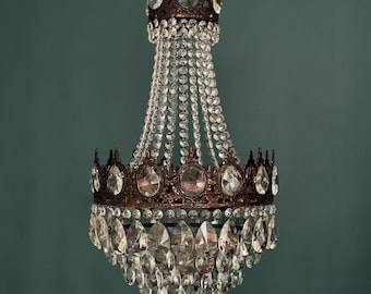 Antique / Vintage Medium French Empire Brass & Crystals 5 Tiered Chandelier (3-Light)