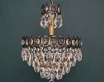 Antique / Vintage Medium Brass & Crystal 4-Tiers Chandelier (3-Light)
