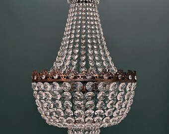 Antique / Vintage Large French Empire Brass & Crystal Bowl Chandelier with Beaded Crystal Garlands (6-Light)