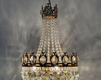 Antique / Vintage Medium French Empire Brass & Crystals 5 Tiered Chandelier (3-Light)