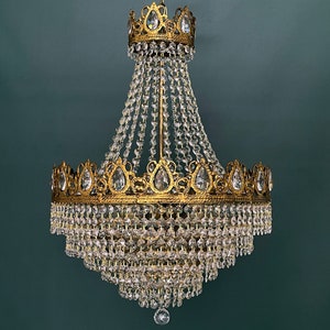 Antique / Vintage Large French Empire Brass & Crystal 6 Tiered Chandelier (6-Light)