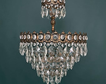 Antique / Vintage Large Brass & Crystal 5-Tiers Chandelier (6-Light)