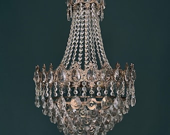 Antique / Vintage Large French Empire Brass & Crystal 6 Tiered Chandelier (6-Light)