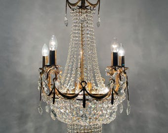 Antique / Vintage Brass & Crystals 5 arms 10 Lights Large French Empire Chandelier   Ceiling Lamp 1970’s USA Duty Free !!!