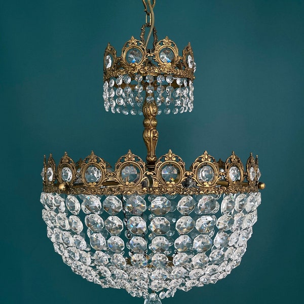Antique / Vintage Brass & Crystals Large Chandelier Lighting, Light Fixtures, Ceiling Lamp from 1960’s