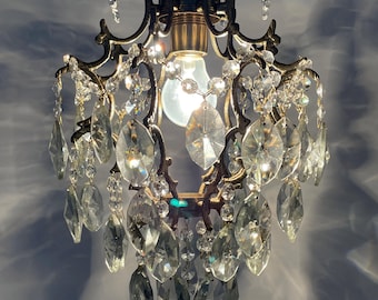 Antique / Vintage Brass & Crystals Cage Style Gothic Small Chandelier Ceiling Lamp  1950’s USA Duty Free !!!