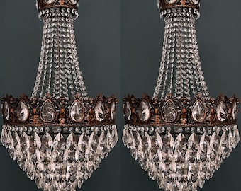 Matching Pair of Antique / Vintage Brass Grand Size Chandeliers with Angel Relief Details UNIQUE ! (6-lights)
