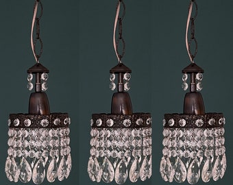 Matching Set of Three Antique / Vintage Brass & Crystals Small Chandeliers (1-Light Each)