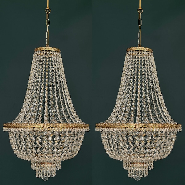 Matching Pair of Antique / Vintage Brass & Crystals  HUGE French Empire Chandelier Lighting Light Fixtures Ceiling Lamp from 1960’s
