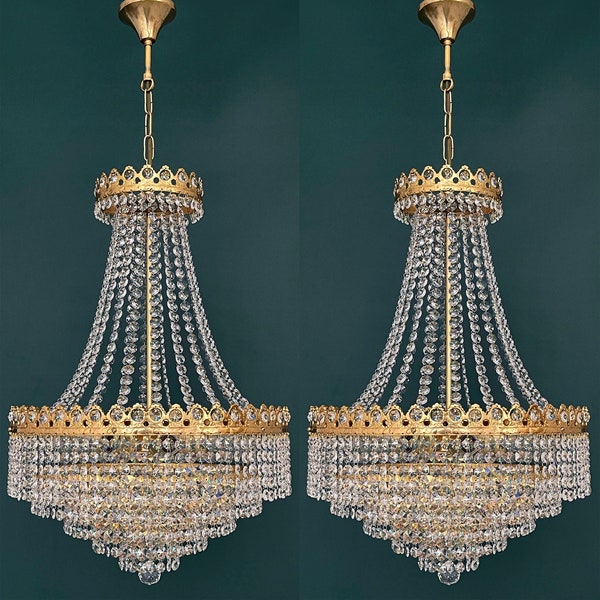 Matching Pair of Antique / Vintage Brass & Crystals 5 tiered Large French Empire Chandelier Lighting Light Fixtures Ceiling Lamp from 1970’s