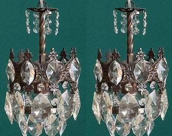 Matching Pair of Antique / Vintage Small Brass & Crystal Mini Chandelier (1-Light Each)