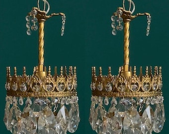 Matching Pair of Antique / Vintage Small Brass & Crystal Mini Chandelier (1-Light Each)