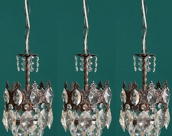 Matching Set of Three Antique / Vintage Brass & Crystals Small Chandeliers (1-Light Each)