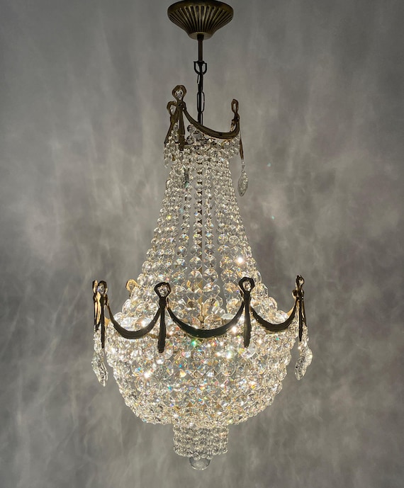 Rare 1970s Reproduction Vintage Chandelier | Large 6-Lamp Brass & Crystal Fixture | Handmade Heirloom