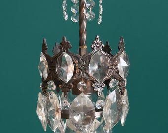 Antique / Vintage Small Brass & Crystal Mini Chandelier (1-Light)