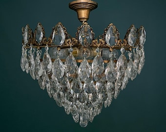 Antique / Vintage Low Ceiling Grand Size Brass & Crystal 7 Tiered Chandelier (6-Light)