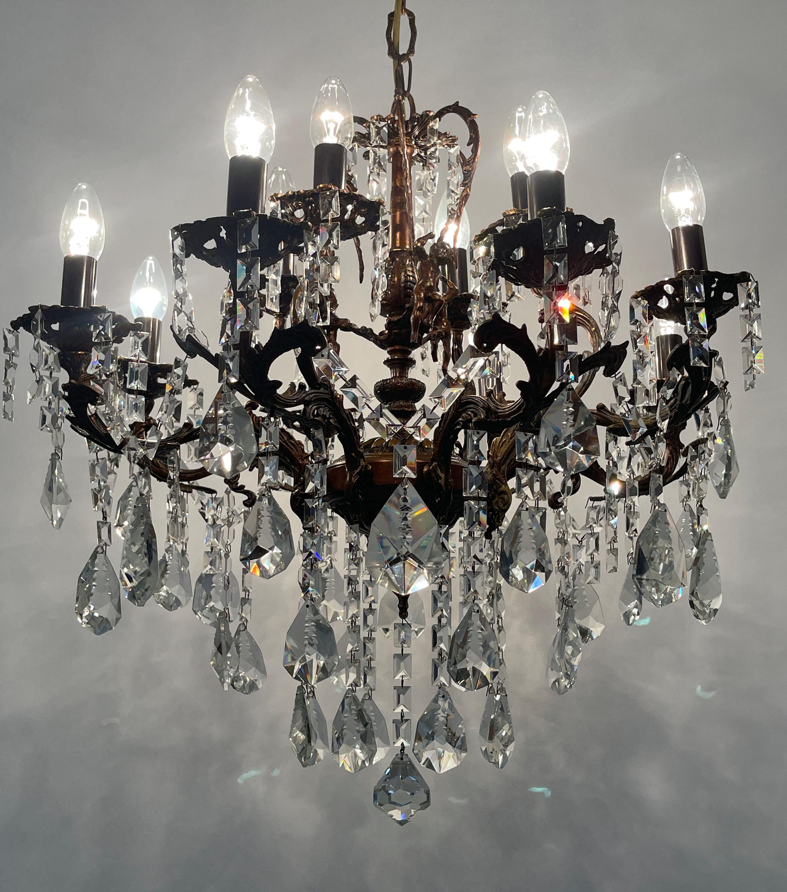 Antique / Vintage Brass & Crystals Cherub 8 + 4 Arms Magnificent Chandelier Ceiling Lamp 1950’s USA Duty Free !!!