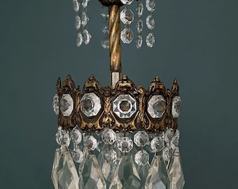 Antique / Vintage Small Brass & Crystal Mini Chandelier (1-Light)