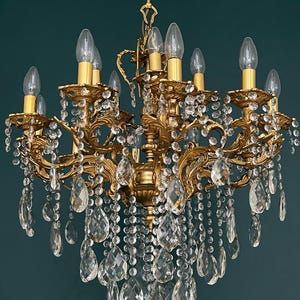 Antique / Vintage Brass & Crystals Cherub 10 + 5 Arms Magnificent Chandelier Lighting, Light Fixtures, Ceiling Lamp from 1950’s