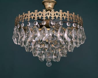 Antique / Vintage Low Ceiling Large Brass & Crystal 5 Tiered Chandelier (3-Light)