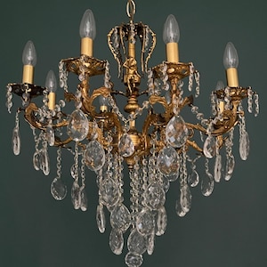 Antique / Vintage Brass & Crystals Cherub 8 Arms Magnificent Chandelier Lighting, Light Fixtures, Ceiling Lamp from 1950’s