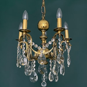 Antique / Vintage Brass & Crystals 5 Arms Beautiful Chandelier Lighting, Light Ceiling Lamp from 1960’s