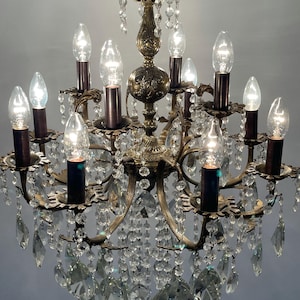 Antique / Vintage Brass & Crystals 8 Arms Chandelier Lighting, Light Fixtures, Ceiling Lamp from 1950’s