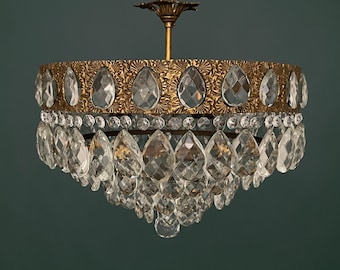 Antique / Vintage Low Ceiling Large Brass & Crystal 4 Tiered Chandelier (6-Light)