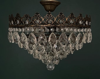 Antique / Vintage Low Ceiling Large Brass & Crystal 5 Tiered Chandelier (6-Light)