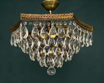 Antique / Vintage Brass & Crystal Star Shape 4 Tier Low Ceiling Chandelier (3-Light)