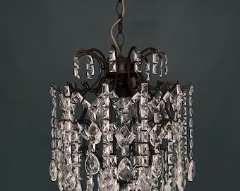 Antique / Vintage Brass & Crystals Cage Style Gothic Chandelier   Ceiling Lamp  1960’s USA Duty Free !!!