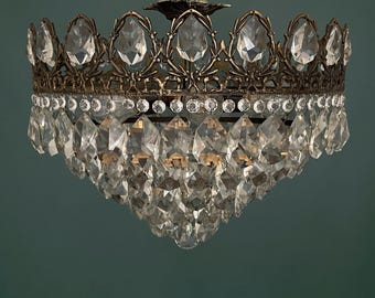 Antique / Vintage Low Ceiling Grand Size Brass & Crystal 5 Tiered Chandelier (6-Light)