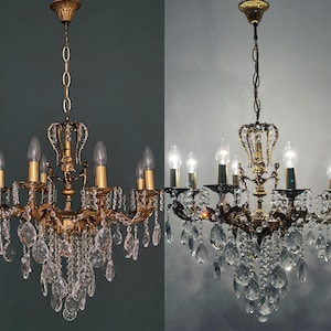Matching Pair of Antique / Vintage Brass & Crystals Cherub 8 Arms Magnificent Chandelier Lighting, Light Fixtures, Ceiling Lamp from 1950’s