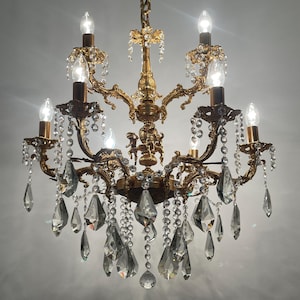 Antique / Vintage Brass & Crystals Cherub 8 + 3 Arms Magnificent Chandelier Lighting, Light Fixtures, Ceiling Lamp from 1950’s