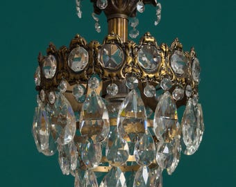 Antique / Vintage Small Brass & Crystal Mini Chandelier (1-Light)