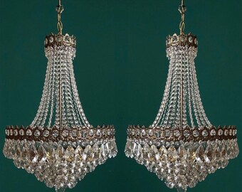 Matching Pair of Antique / Vintage Grand Size French Empire Brass & Crystal 5-Tiered Chandeliers (6-Light)
