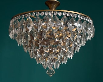 Antique / Vintage Low Ceiling Grand Size Brass & Crystal 6 Tiered Chandelier (6-Light)