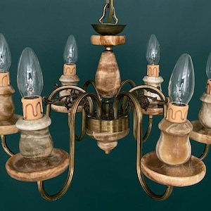 Antique / Vintage Brass & Marble 6 Arms Beautiful UNIQUE Chandelier Lighting, Light Ceiling Lamp from 1960’s